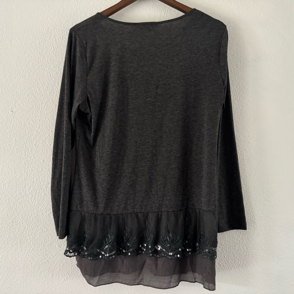 Boho Sequin Embellished Sheer Hem Gray Layered Tunic Blouse Avalin L Romantic - Picture 12 of 14